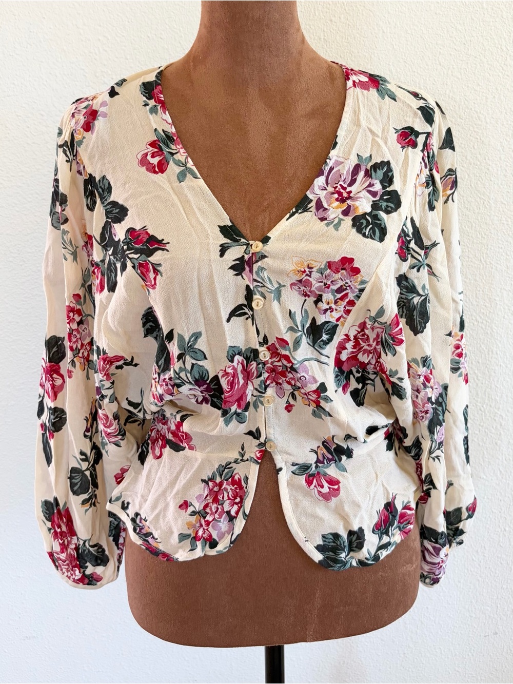 Christy Dawn Cream Floral V-Neck Button Blouse with Pink & Green Print